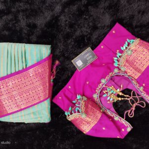 Sri iraivi designer studio. ready made aari work blouse and soft silk saree.