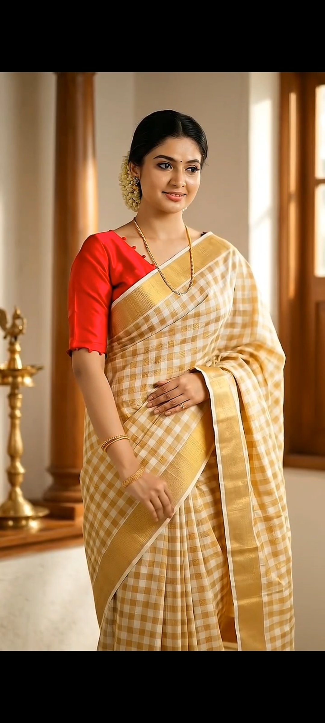 Women's Checkered Kerala Saree and pottly design Readymade Blouse Combo Set - Image 3