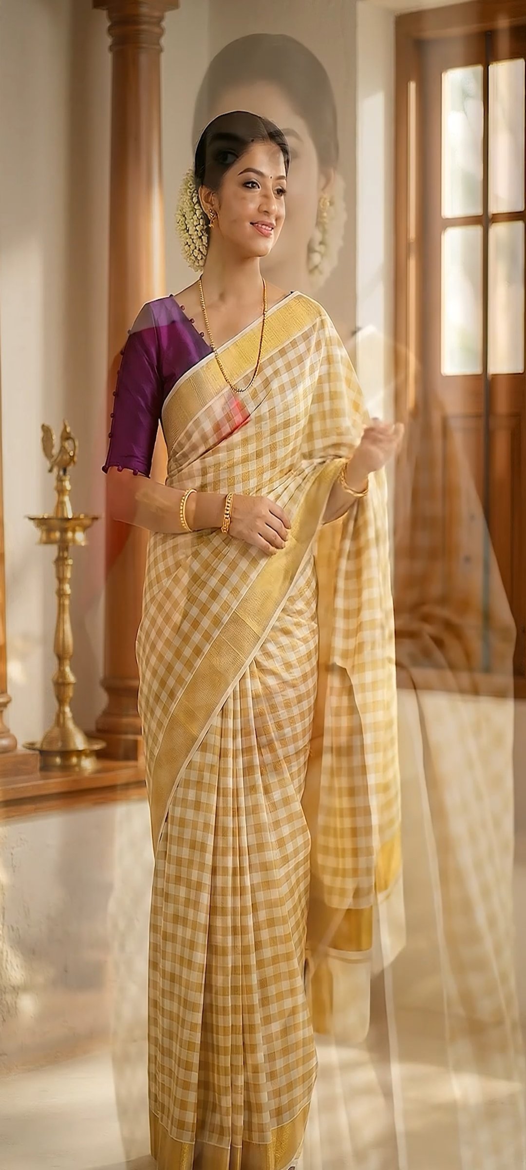 Women's Checkered Kerala Saree and pottly design Readymade Blouse Combo Set - Image 2