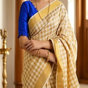 Women's Checkered Kerala Saree and pottly design Readymade Blouse Combo Set