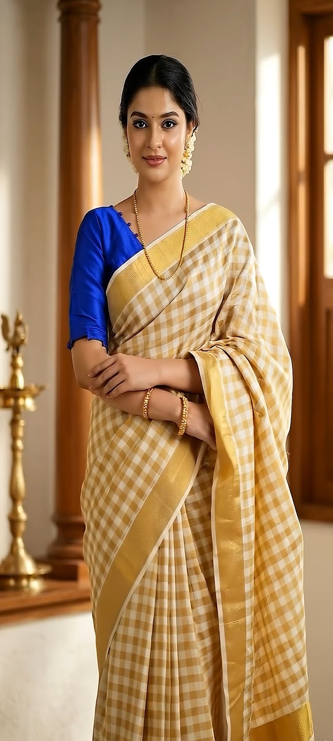 Women's Checkered Kerala Saree and pottly design Readymade Blouse Combo Set