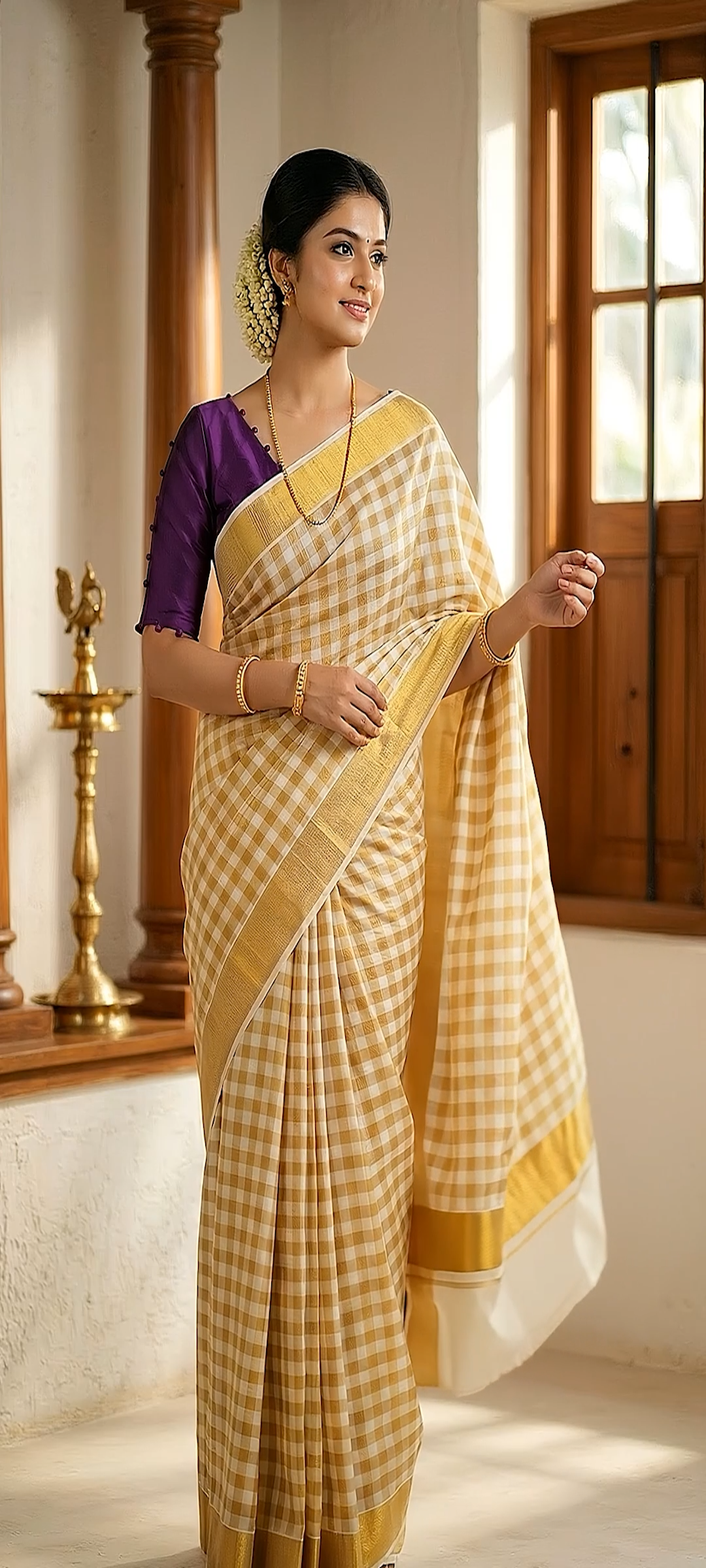 Women's Checkered Kerala Saree and pottly design Readymade Blouse Combo Set - Image 5